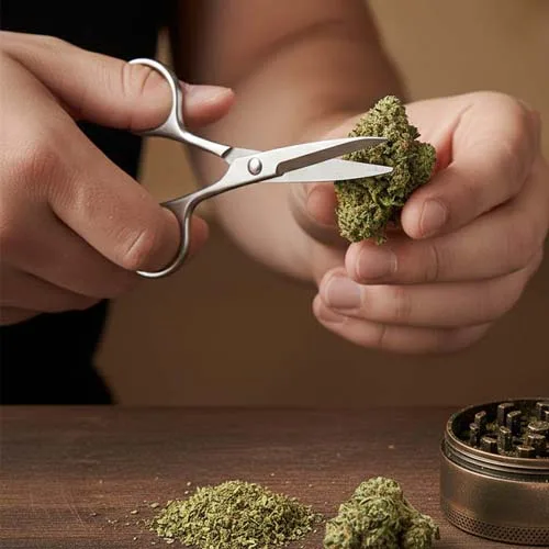 Person Cutting Weed With Scissors with Cannabis Buds on a Table Person Cutting Weed With Scissors with Cannabis Buds on a Table