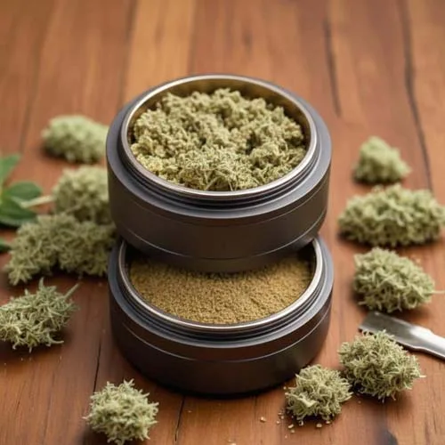 Open Cannabis Grinder with Bud on Top and Kief in Chamber 4 and Buds all Around Open Cannabis Grinder with Bud on Top and Kief in Chamber 4 and Buds all Around