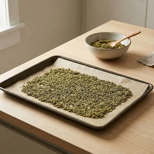 Ground Weed on a Cookie Sheet Ready for Decarboxylation Sitting on a Wood Kitchen Counter Ground Weed on a Cookie Sheet Ready for Decarboxylation Sitting on a Wood Kitchen Counter