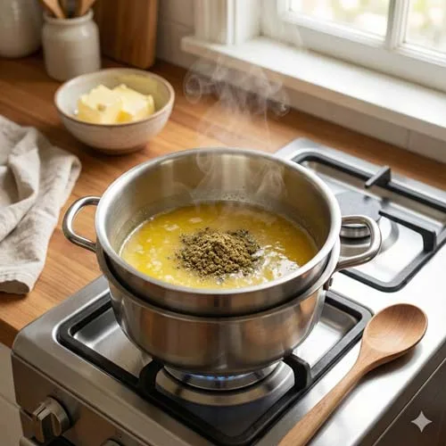 Ground Marijuana Steaming in a Double Broiler Pot of Melted Butter On a Gas Burner Ground Marijuana Steaming in a Double Broiler Pot of Melted Butter On a Gas Burner