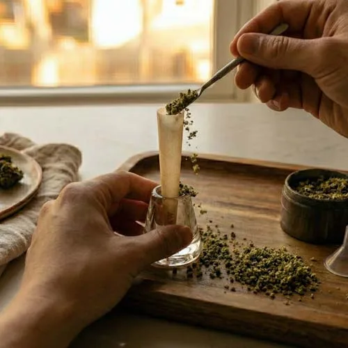 Filling a Cone With Ground Weed Using a Small Spoon and Some Spilling On the Side