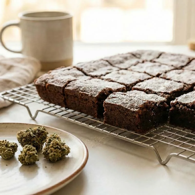 A Cup of Coffee, Cannabis Buds, and Cooked Brownie Edibles Made From the How To Make Edibles at Home