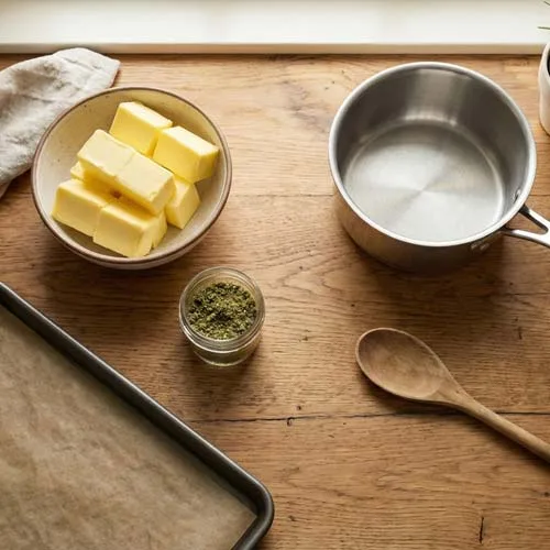 Ground Cannabis, Butter, Cooking Sheets, Double Broiler and Things You Need When Learning How to Make Edibles Yourself Ground Cannabis, Butter, Cooking Sheets, Double Broiler and Things You Need When Learning How to Make Edibles Yourself
