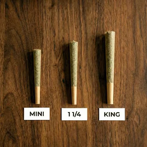 Mini, 1 1/4, and King Size Packed Marijuana Cones on a Wood Table Mini, 1 1/4, and King Size Packed Marijuana Cones on a Wood Table