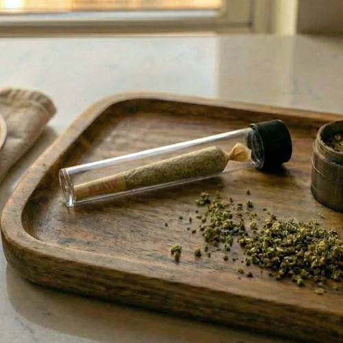 Packed Marijuana Cone Stored in a Glass Cone Tube On a Wood Tray Packed Marijuana Cone Stored in a Glass Cone Tube On a Wood Tray