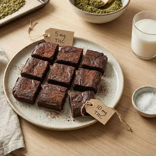 Homemade Weed Brownies on a Plate Labeled With THC Levels Clearly Marked Homemade Weed Brownies on a Plate Labeled With THC Levels Clearly Marked