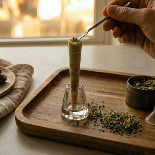 Tapping a Filled Weed Cone to Ensure Even Ground Cannabis Distribution and Burning Tapping a Filled Weed Cone to Ensure Even Ground Cannabis Distribution and Burning