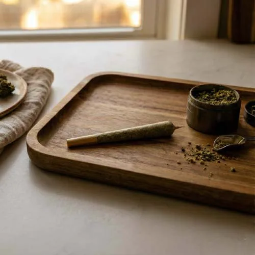 Finished Weed Packed Cone On a Wood Tray After Learning How to Pack a Cone